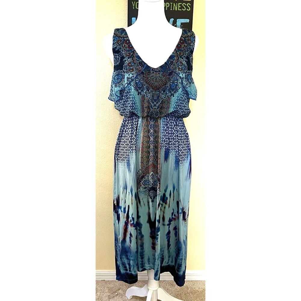 One World Paisley Boho Blue Ruffle Sleeveless Hi Lo Empire Waist Dress S - Picture 2 of 9